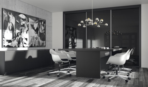 Élégante salle de réunion avec tous les meubles de couleur Vulcano.