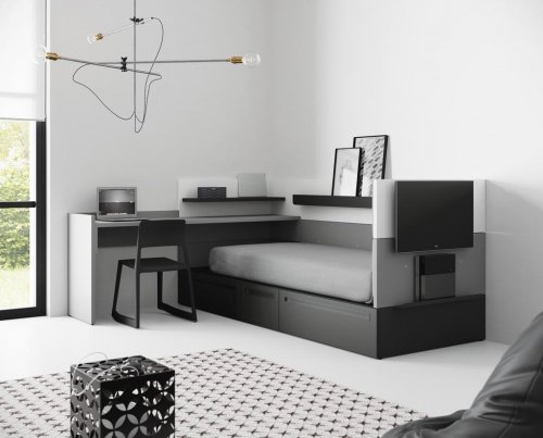 La chambre junior de notre collection NEST, avec un mélange de couleurs blanc, noir et gris qui se combinent parfaitement.