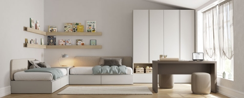 Chambre de jeunes pour deux personnes dans des tons de gris avec un bureau et une armoire.