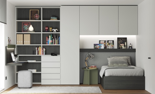 Chambre de jeune avec armoire, bibliothèque et lit de rangement relevable.