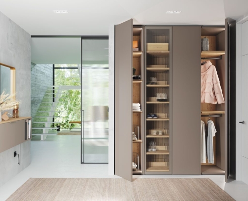 Détail du placard du hall avec porte vitrée.