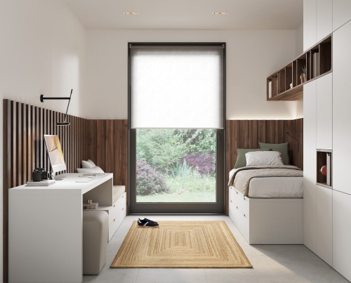 Chambre à panneaux dans les finitions Valentina et Sake.