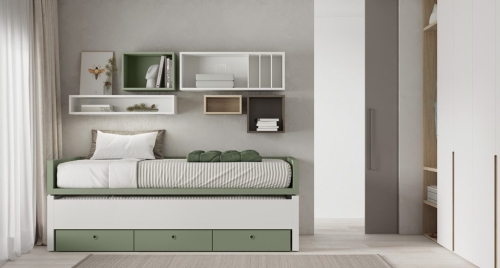 Lit double avec trois tiroirs dans un fini Matcha et Blanc