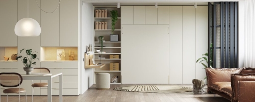 Lit escamotable dans un loft avec un environnement spacieux et fonctionnel.