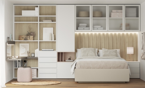 Chambre d'adolescente avec un lit de rangement capitonné à ouverture assistée et une coiffeuse murale.