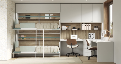 Chambre avec 2 lits pliants horizontaux et un bureau double.