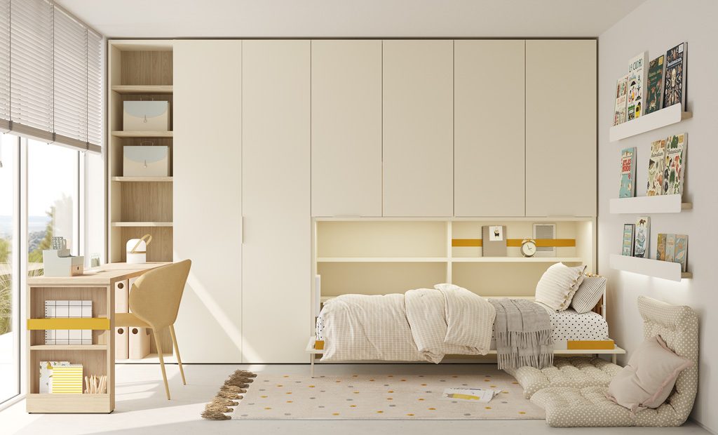 Lit escamotable intégré dans l'armoire, chambre adolescent tout-en-un